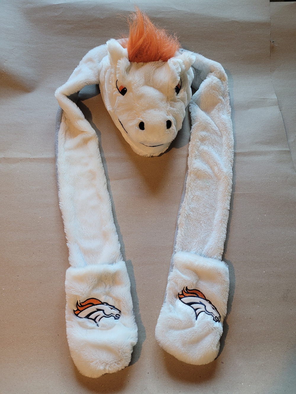 White Plush Horse Head Scarf with Orange Mane